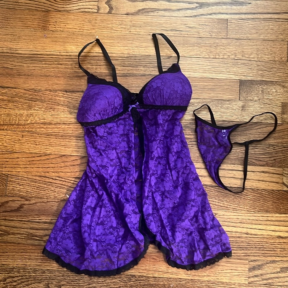 Apt 9 Purple & Black Lace Teddy set with G-string women’s small
